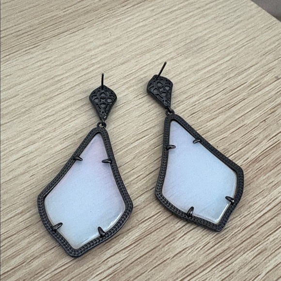Iridescent White Drop Earrings with Black Frame - Picture 2 of 2
